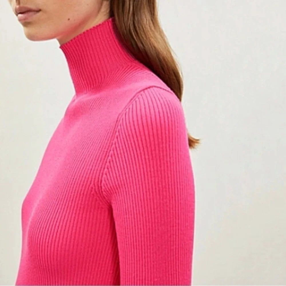 Maje Malangou Ribbed Knit Turtleneck Jumper Fluro Pink Small - Medium